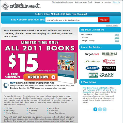 The homepage of Entertainment Book